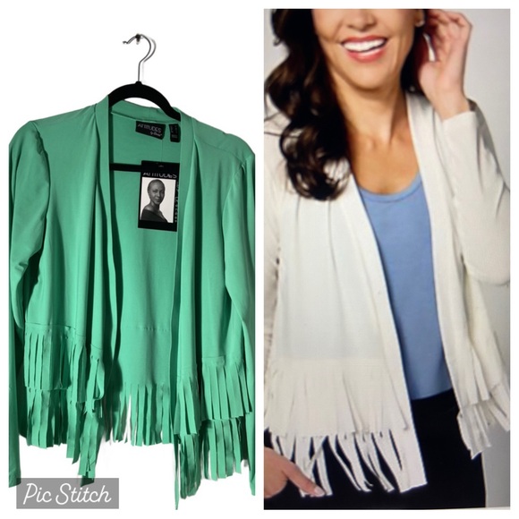Attitudes by Renee Sweaters - Attitudes by Renee Como Jersey Fringe Jacket Cardigan Topper Teal Jade M New